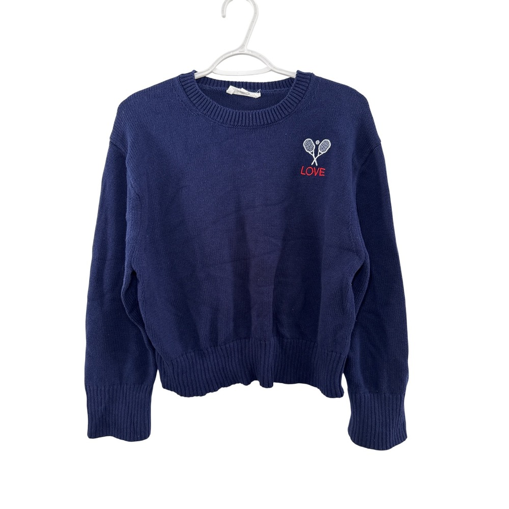 BRIT.NY Navy Cotton Sweater Pickleball‎ Love Embroidery Womens Large Preppy